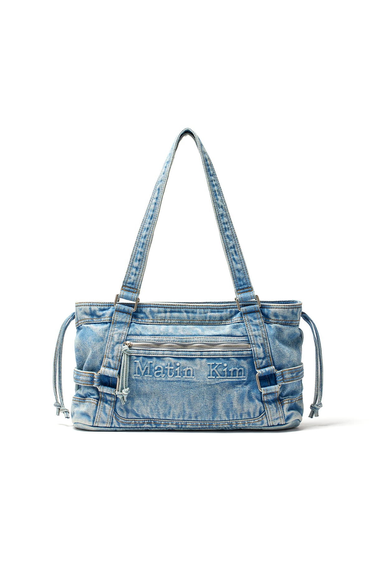 matinkim MATIN WASHED DENIM SQUARE BAG IN LIGHT BLUE