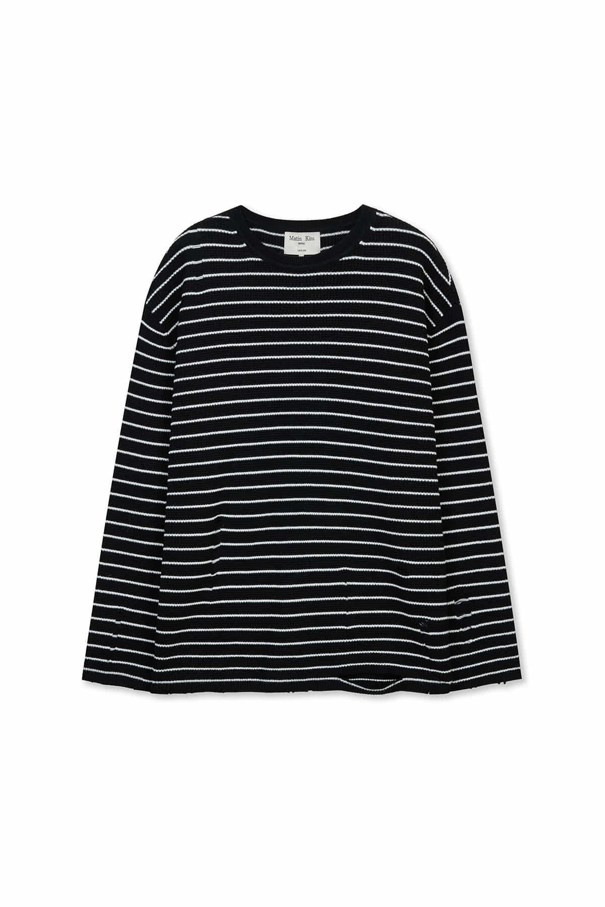 matinkim STRIPE DAMAGED LOOSE PULLOVER IN BLACK