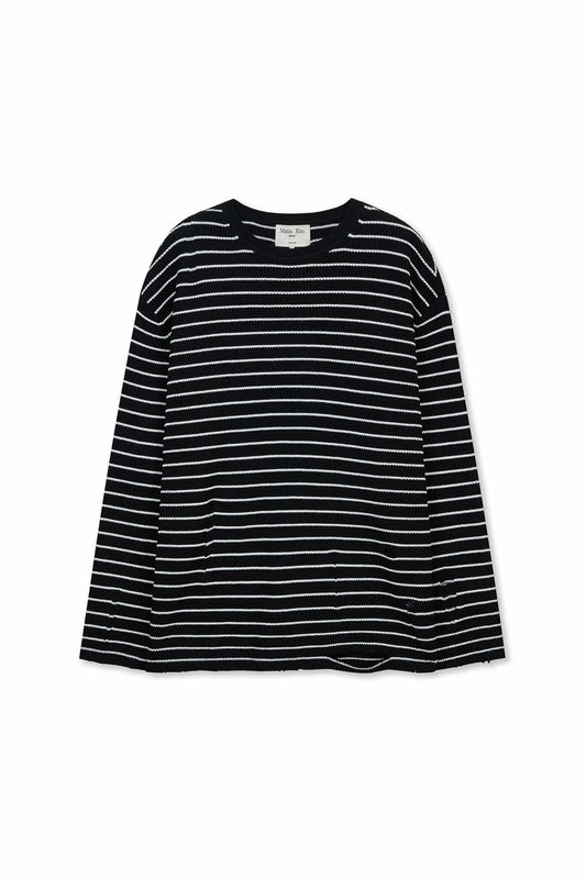 matinkim STRIPE DAMAGED LOOSE PULLOVER IN BLACK