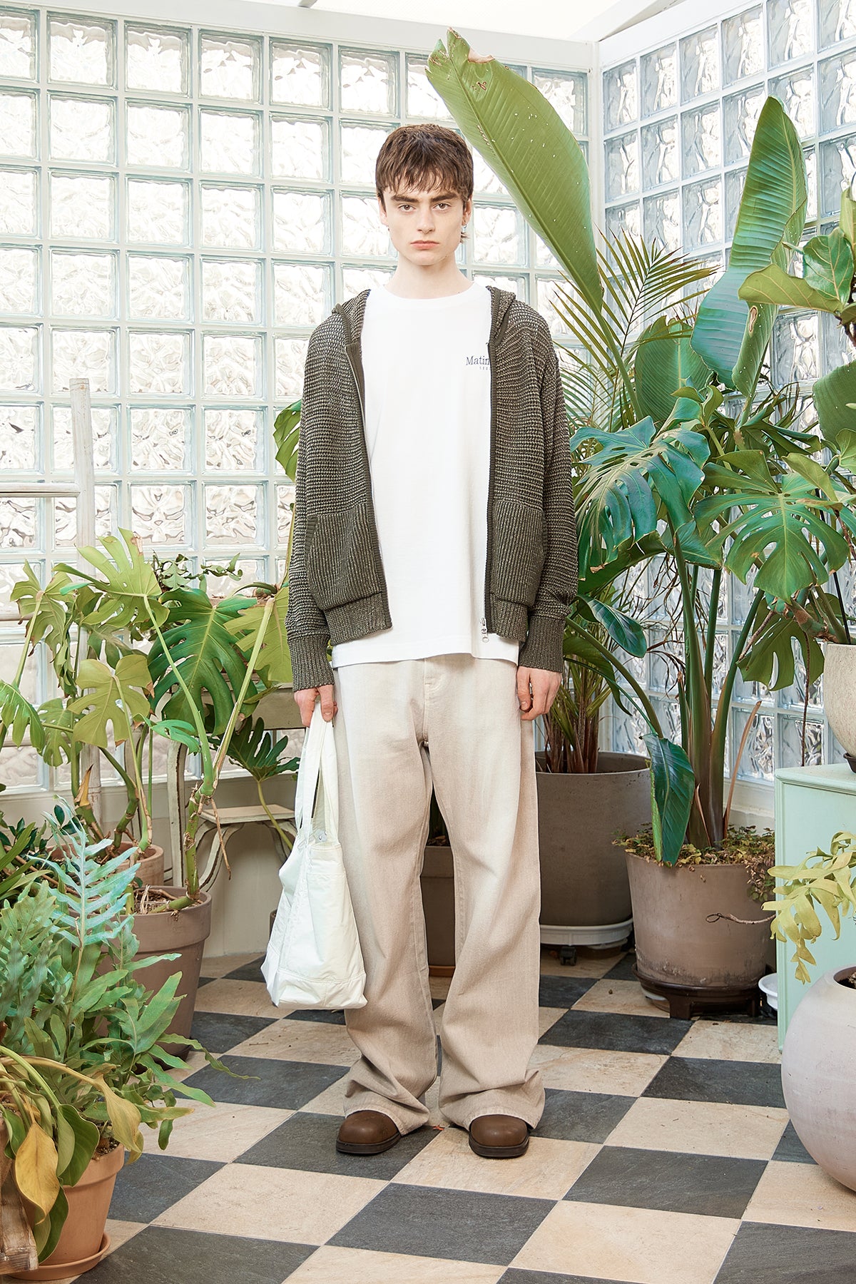 matinkim BACK PINTUCK WAISTLESS DENIM PANTS FOR MEN IN LIGHT BEIGE
