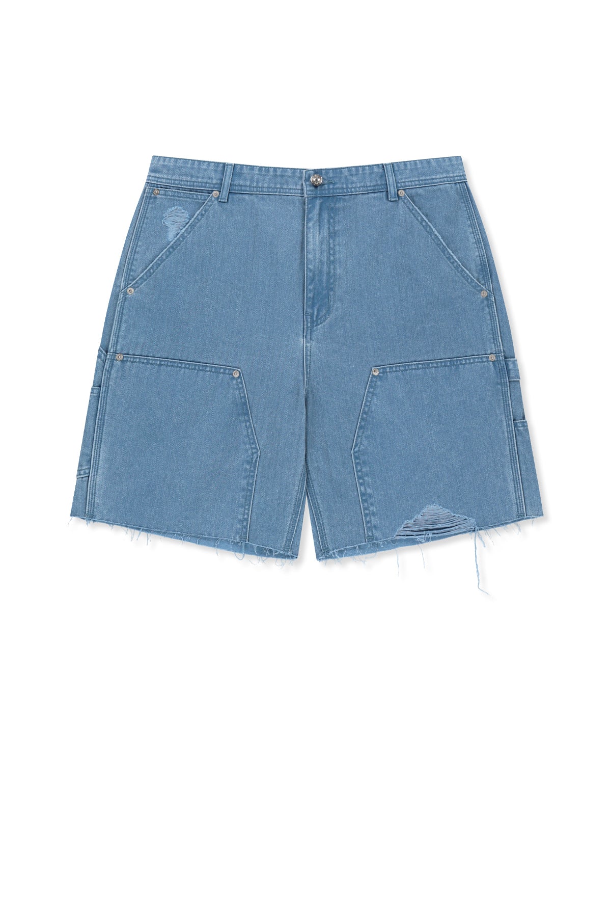matinkim HERINGBONE RAW CUT DENIM SHORTS IN LIGHT BLUE