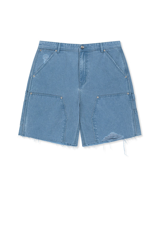 matinkim HERINGBONE RAW CUT DENIM SHORTS IN LIGHT BLUE