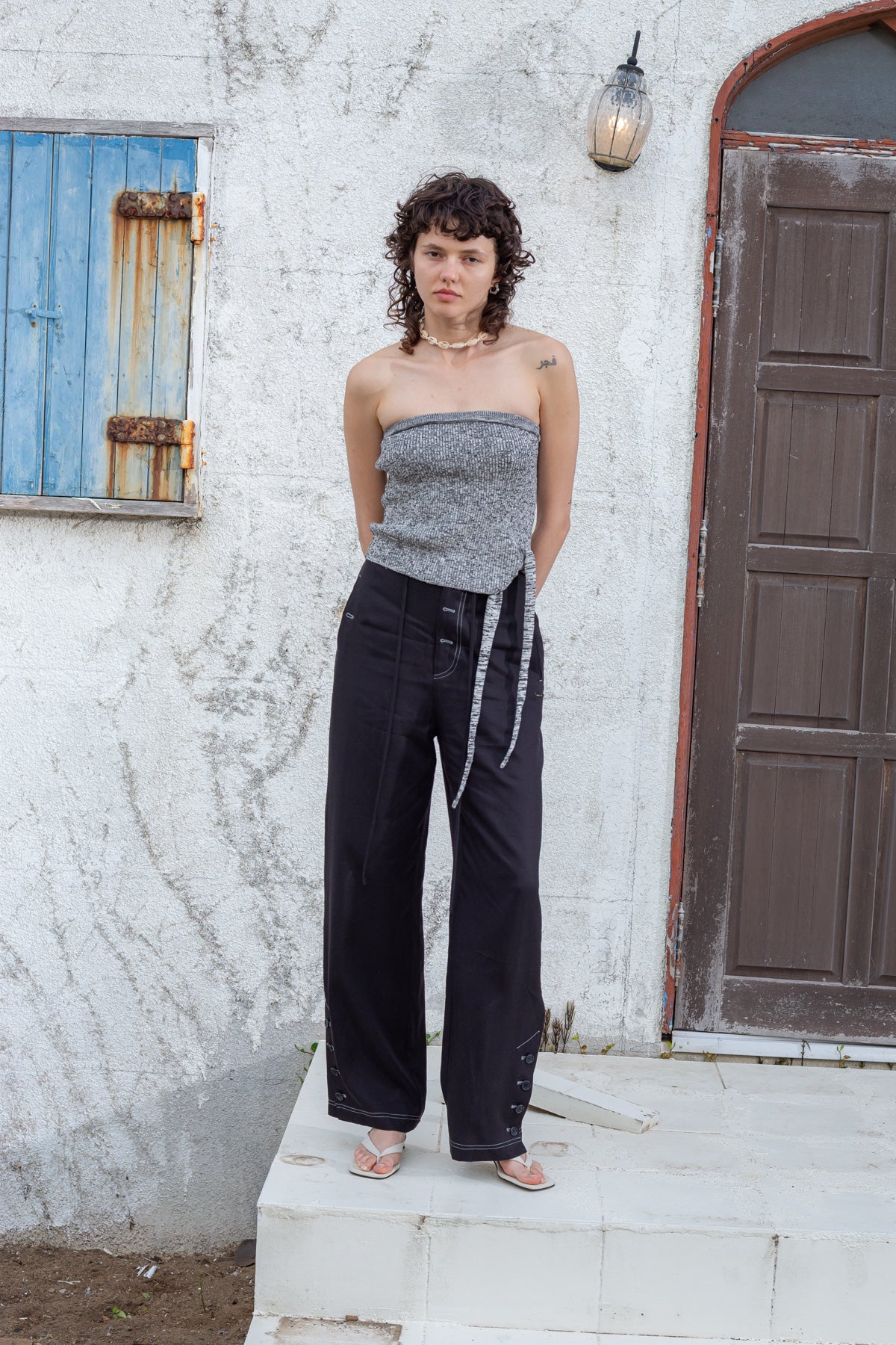 matinkim BUTTON POINT STRING WIDE PANTS IN BLACK