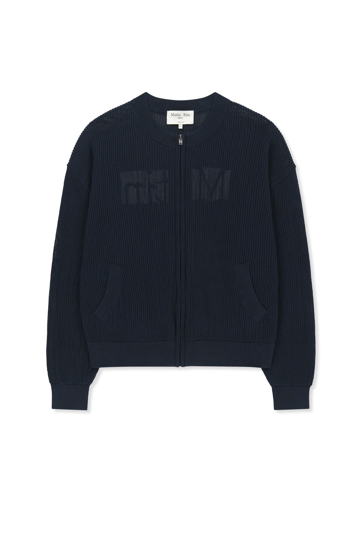 matinkim BACK LOGO JACQUARD MESH KNIT ZIP UP IN NAVY
