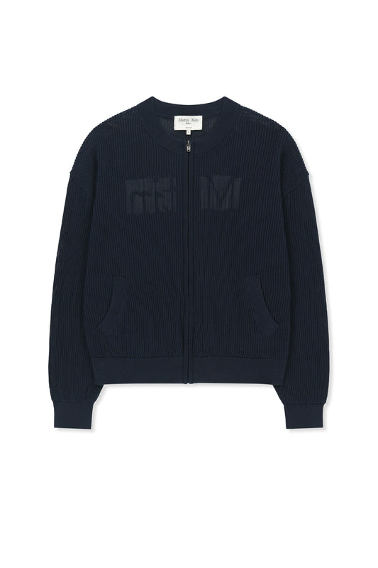 matinkim BACK LOGO JACQUARD MESH KNIT ZIP UP IN NAVY