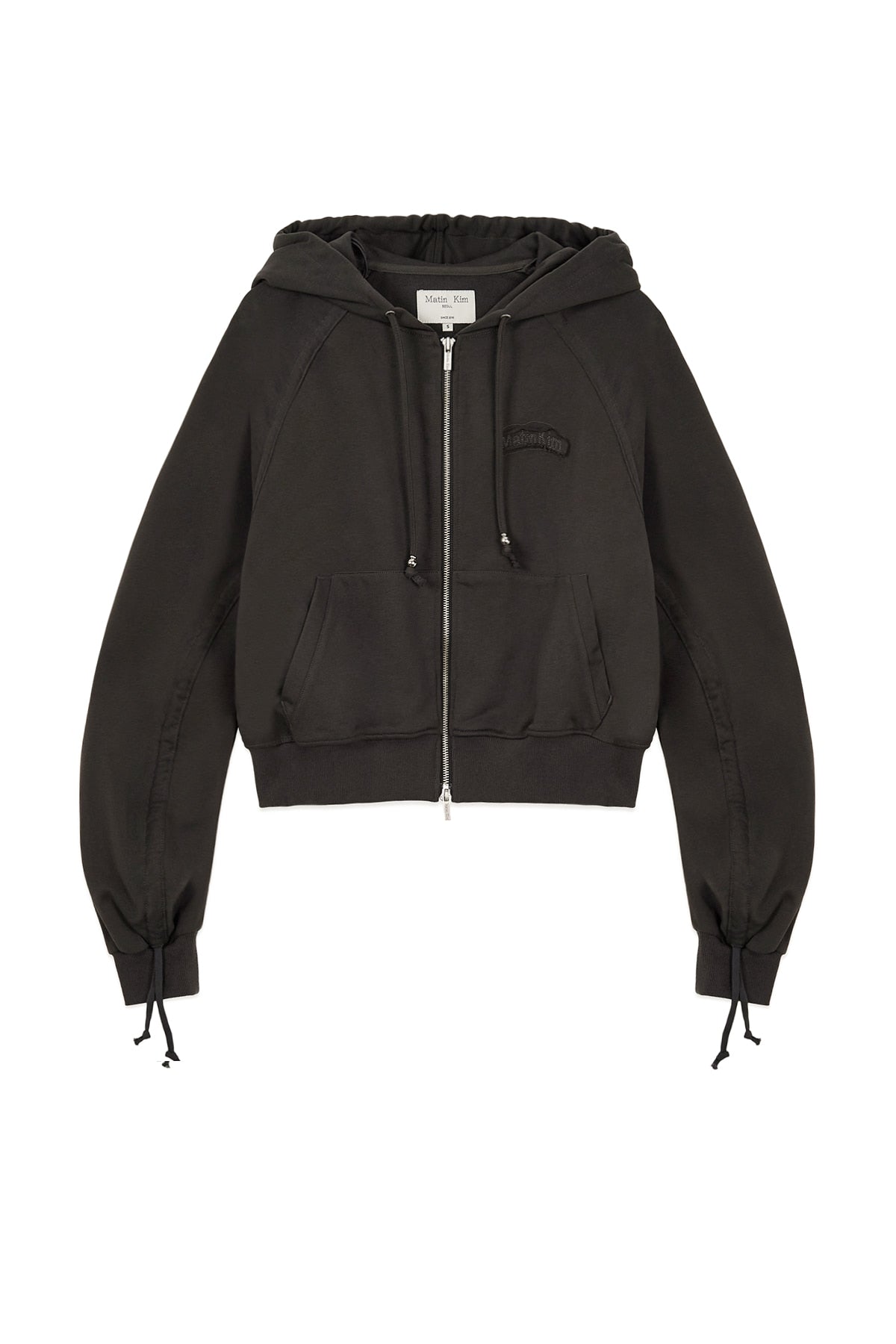 matinkim SLEEVE STRING DETAIL HOODY ZIP UP IN CHARCOAL