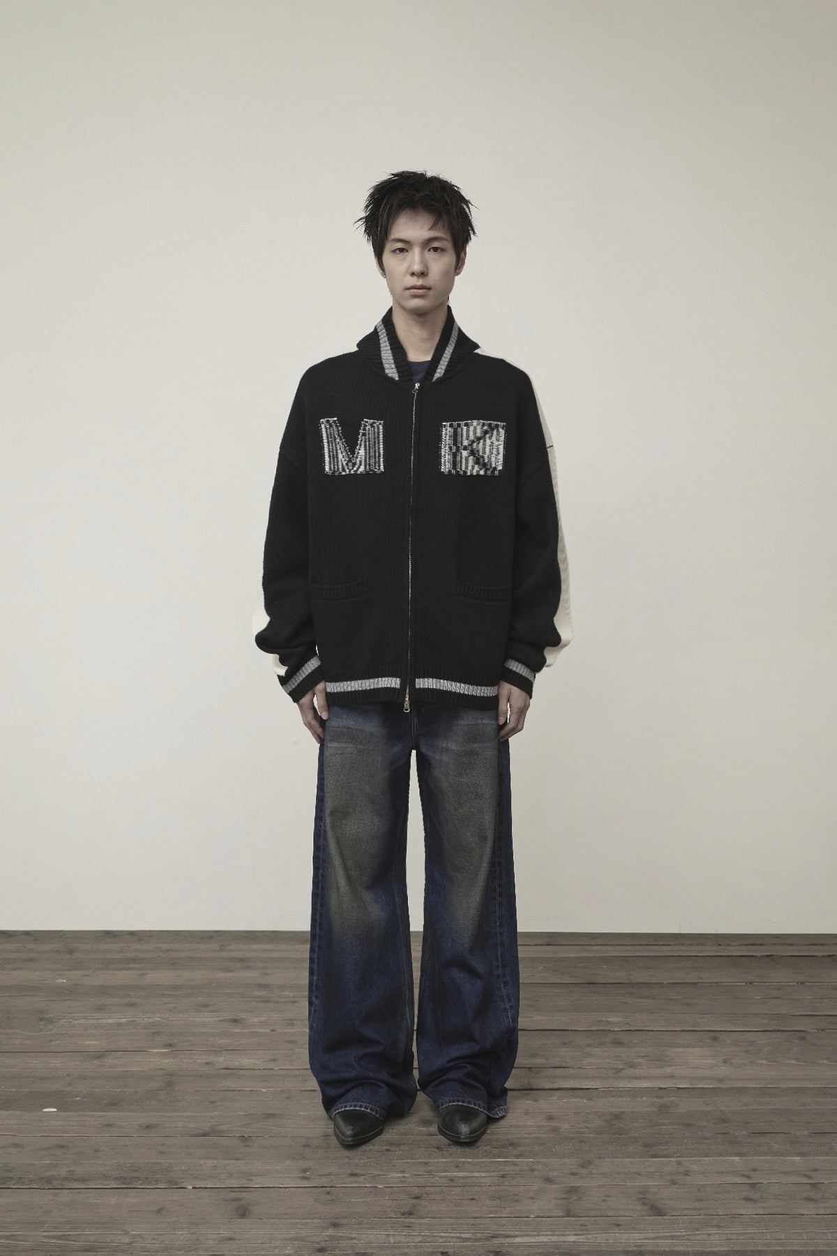 matinkim MATIN KIM INITIAL KNIT ZIP UP FOR MEN IN BLACK