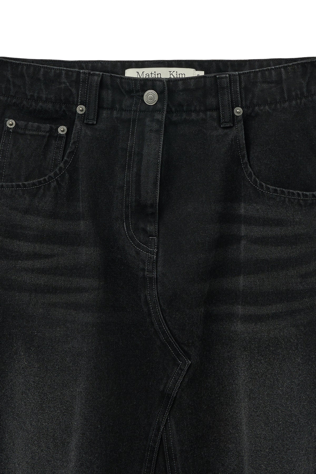 matinkim DAMAGE POINT LONG DENIM SKIRT IN BLACK