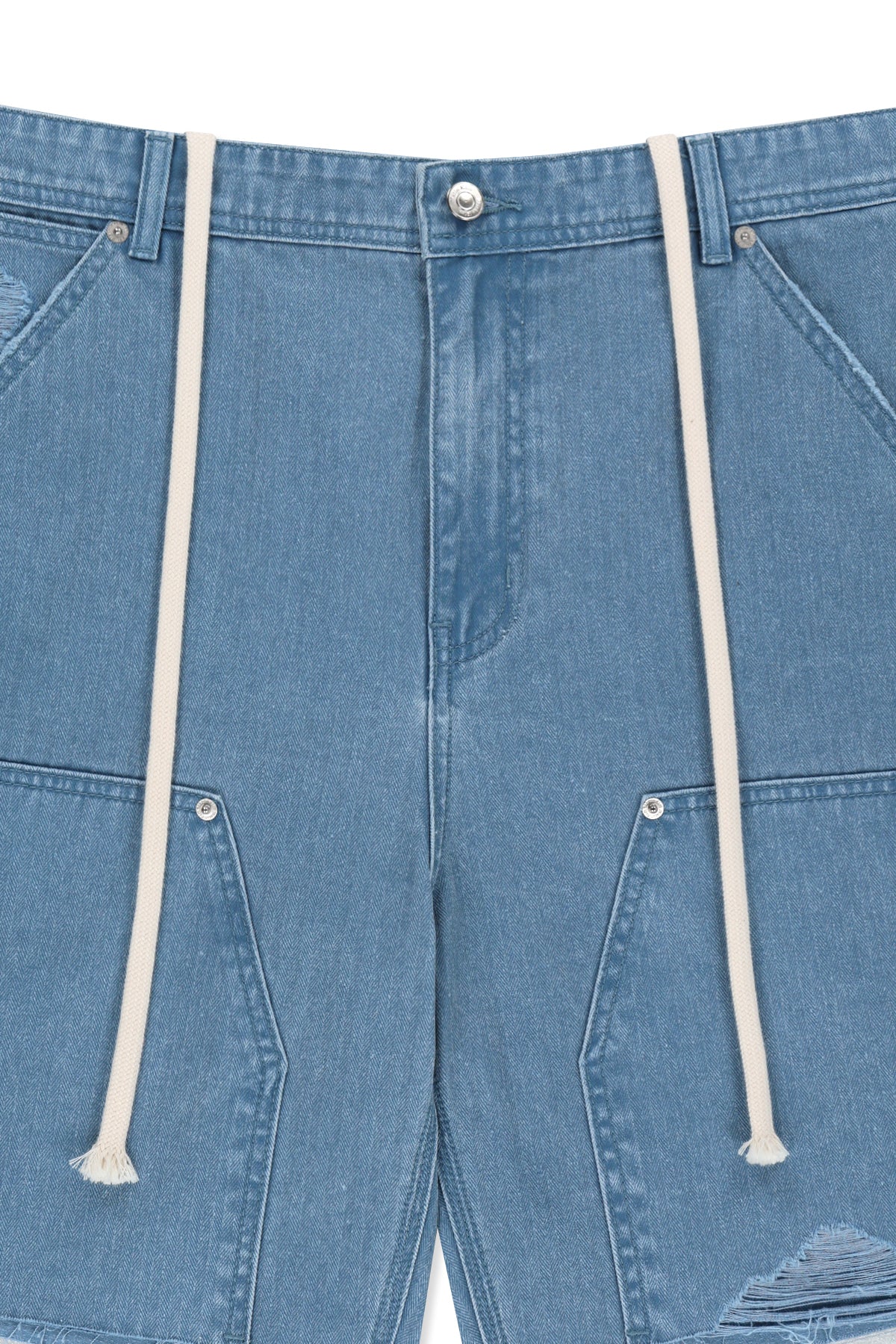 matinkim HERINGBONE RAW CUT DENIM SHORTS IN LIGHT BLUE