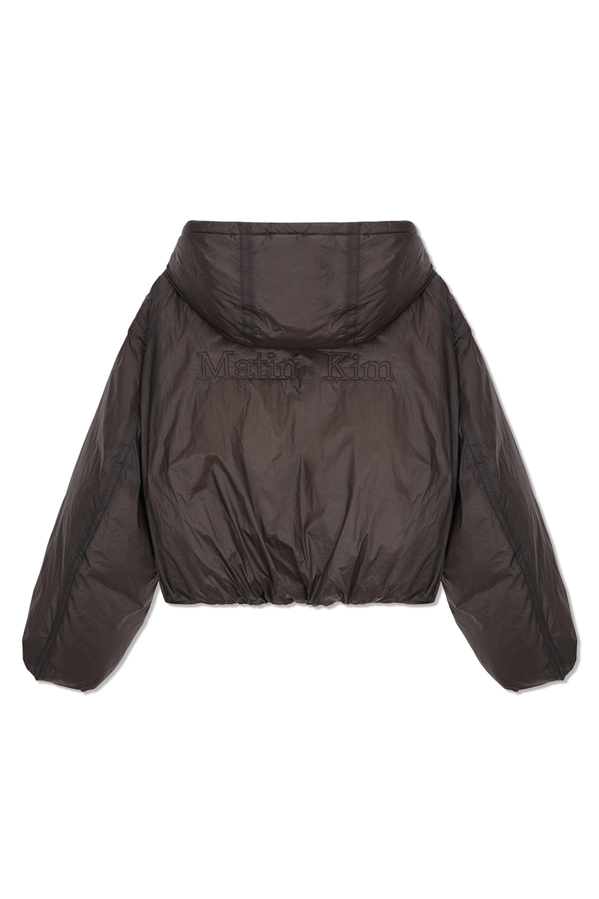 matinkim BACK LOGO HOODY SHORT DOWN JUMPER IN CHARCOAL