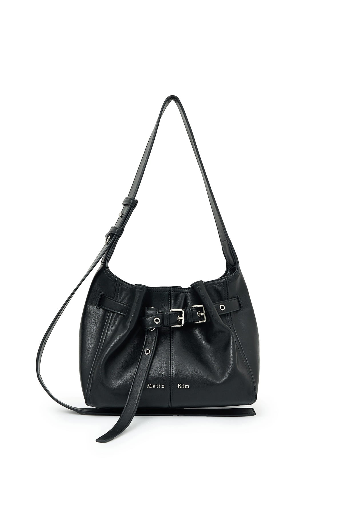 matinkim BELTED VOLUNN SMALL BUCKET BAG IN BLACK