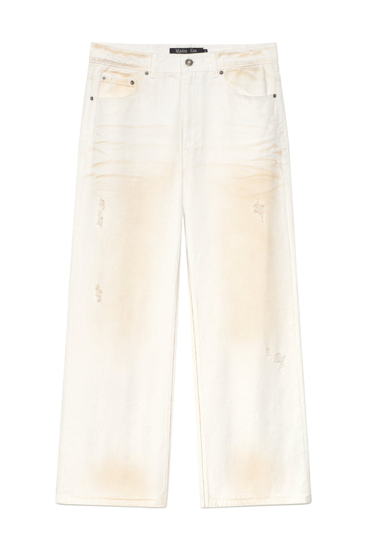 matinkim EMBO WASHED DENIM PANTS FOR MEN IN IVORY