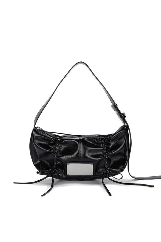 matinkim HALF SHIRRING RIBBON ROUND BAG IN BLACK