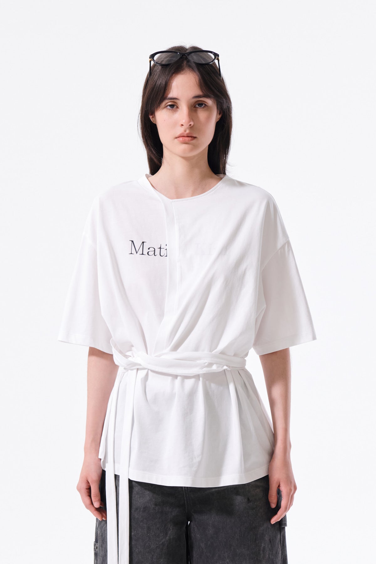 matinkim TIE DETAIL DRAPED LOGO TOP IN WHITE