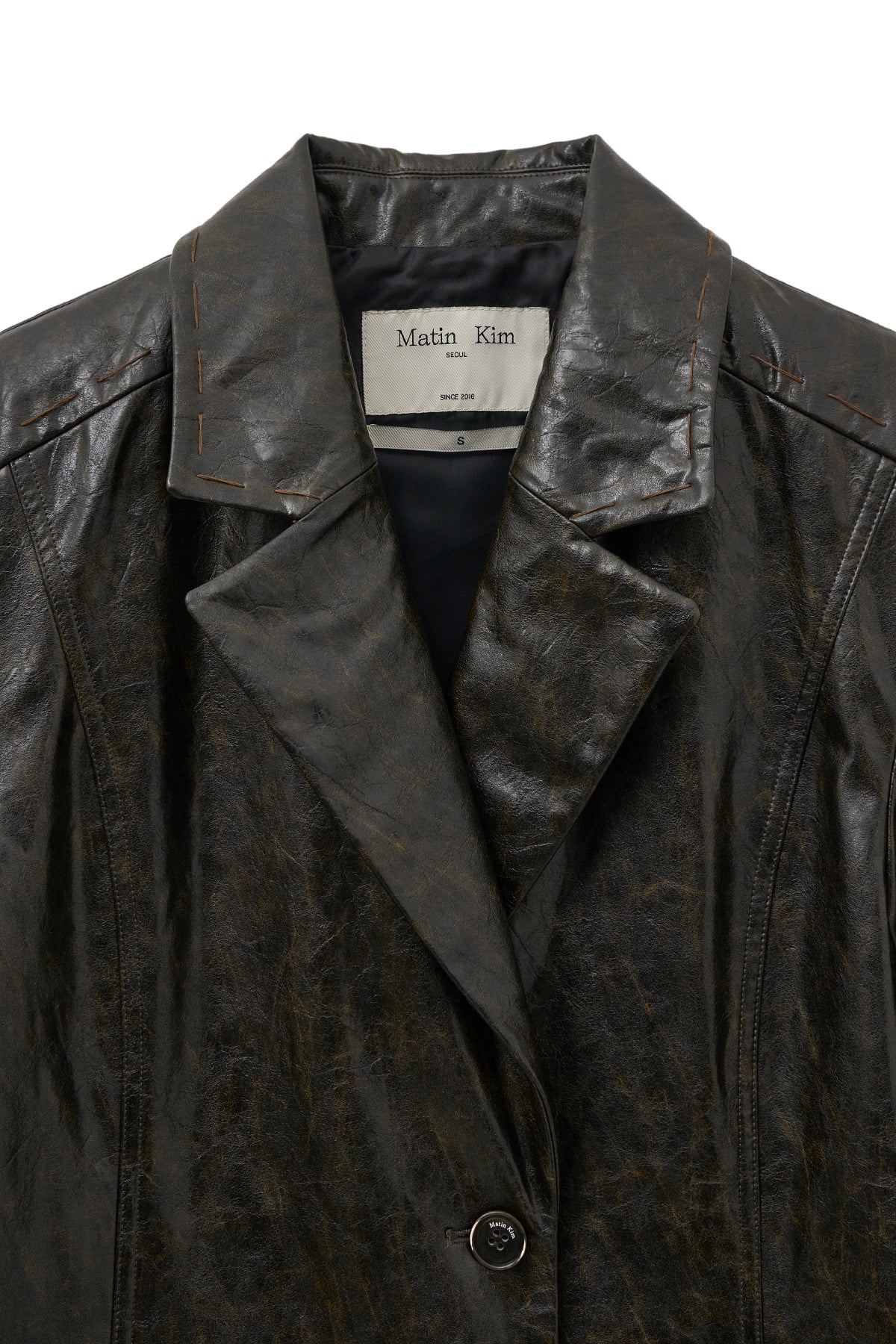 matinkim FAUX LEATHER HALF DOUBLE JACKET IN DARK BROWN