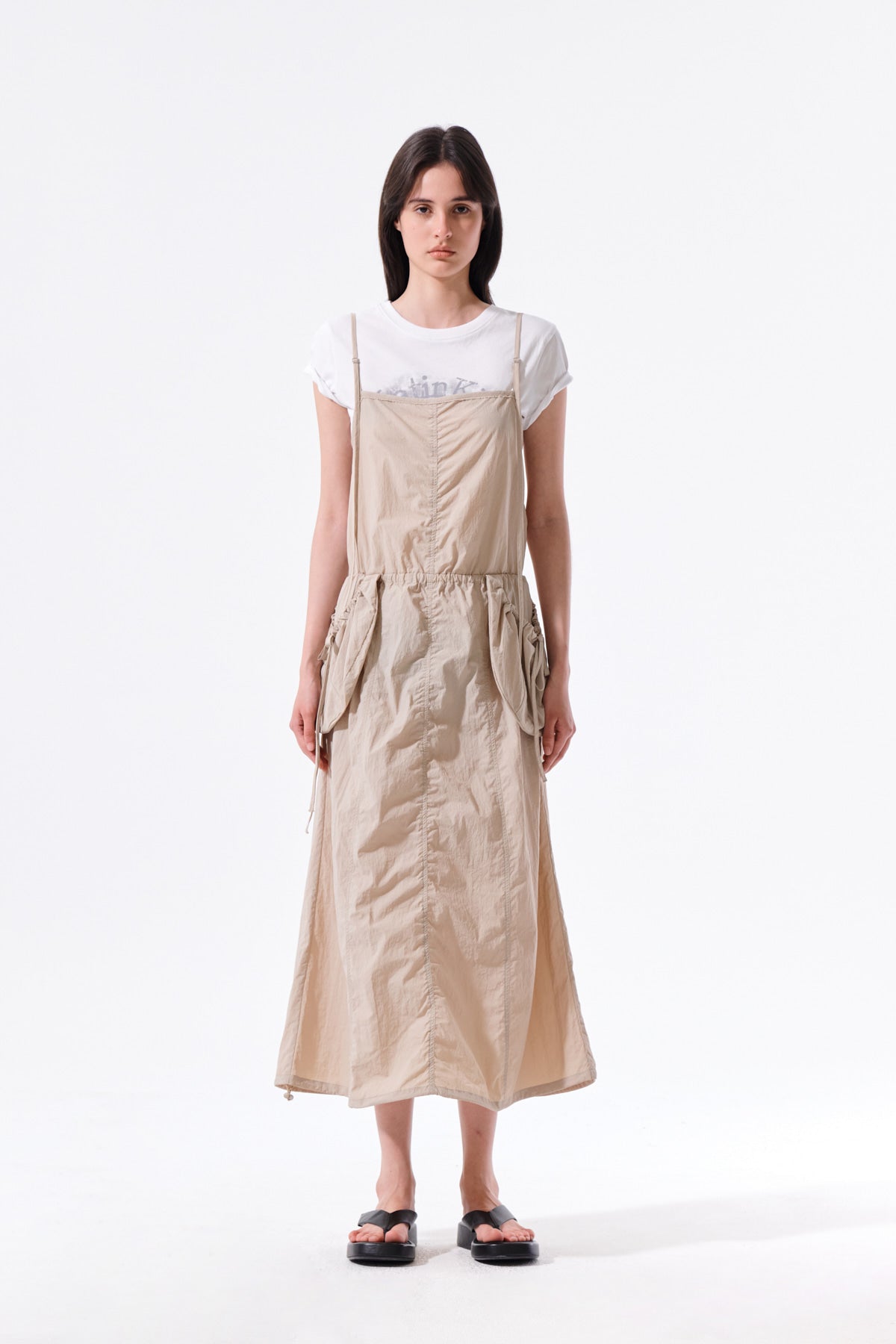 matinkim STRAP DETAIL SLEEVELESS UTILITY DRESS IN BEIGE