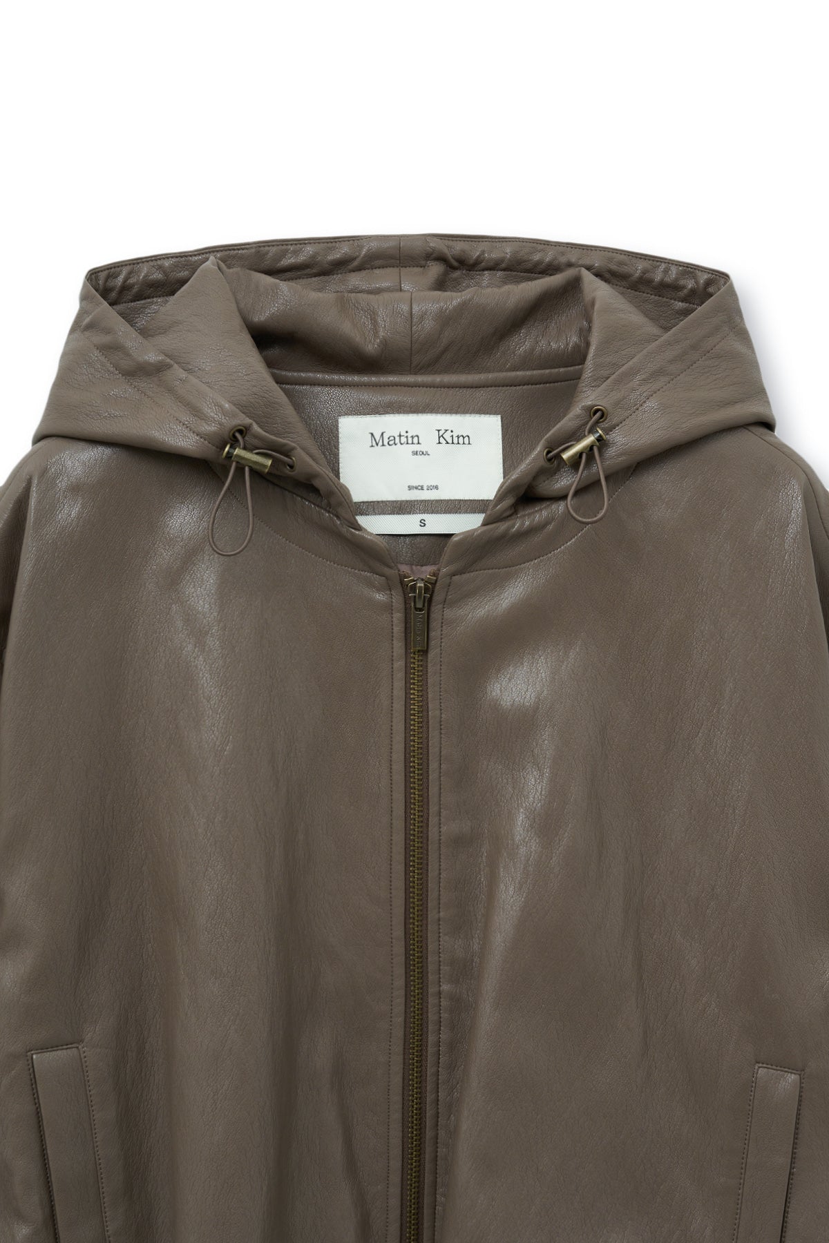 matinkim FAUX LEATHER HOODY CROP JUMPER IN BROWN