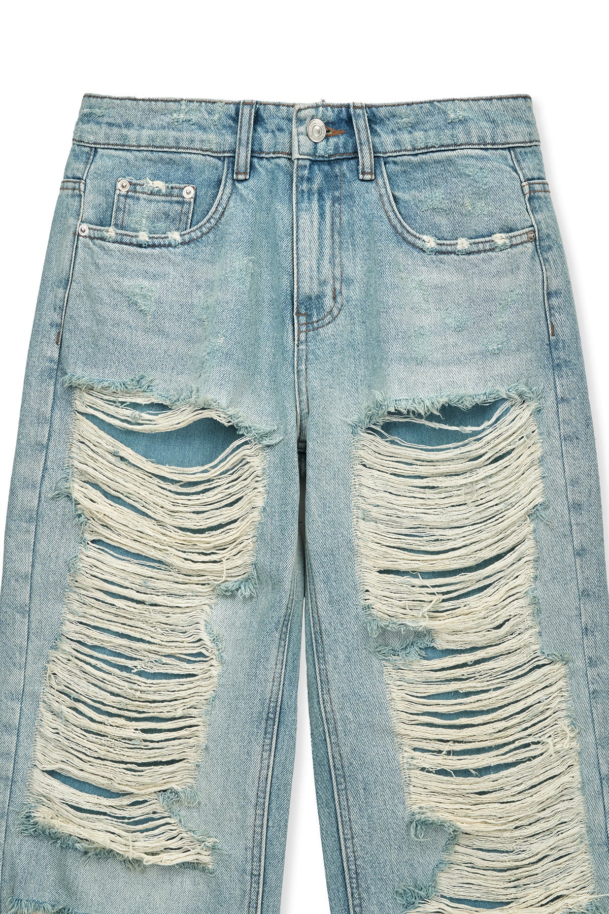 matinkim HEAVY DESTROYED DENIM PANTS IN LIGHT BLUE