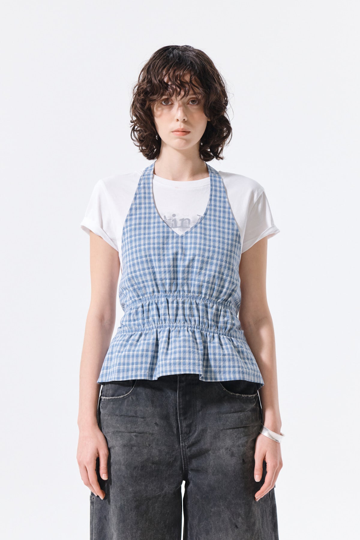 matinkim HALTER NECK SHIRRING BLOUSE IN BLUE