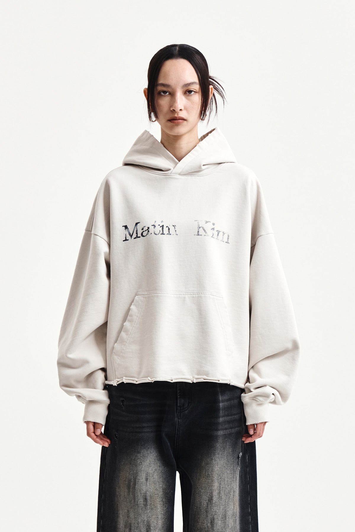 matinkim RAW EDGE HEM SWEAT HOODY IN LIGHT BEIGE