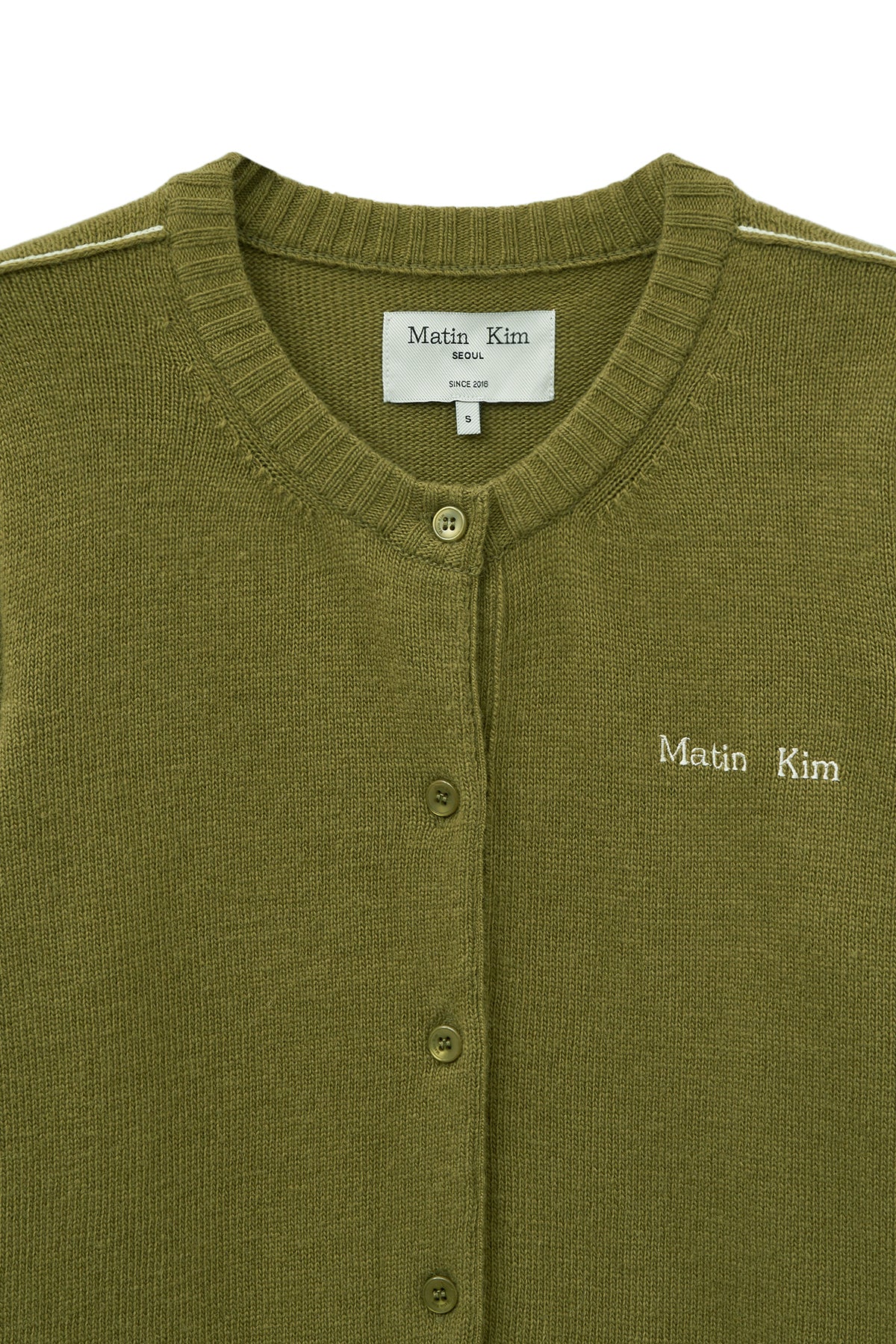 matinkim CASHMERE BLENDED ROUND KNIT CARDIGAN IN OLIVE