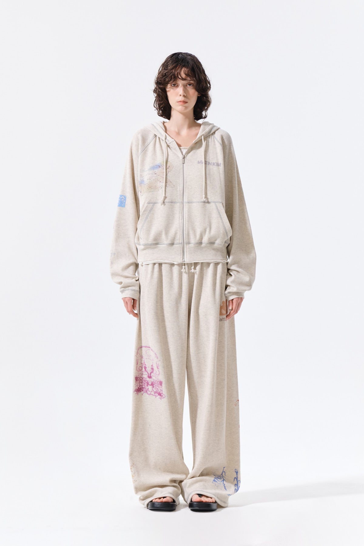 matinkim SKETCH GRAFFITI WAFFLE PANTS IN LIGHT BEIGE