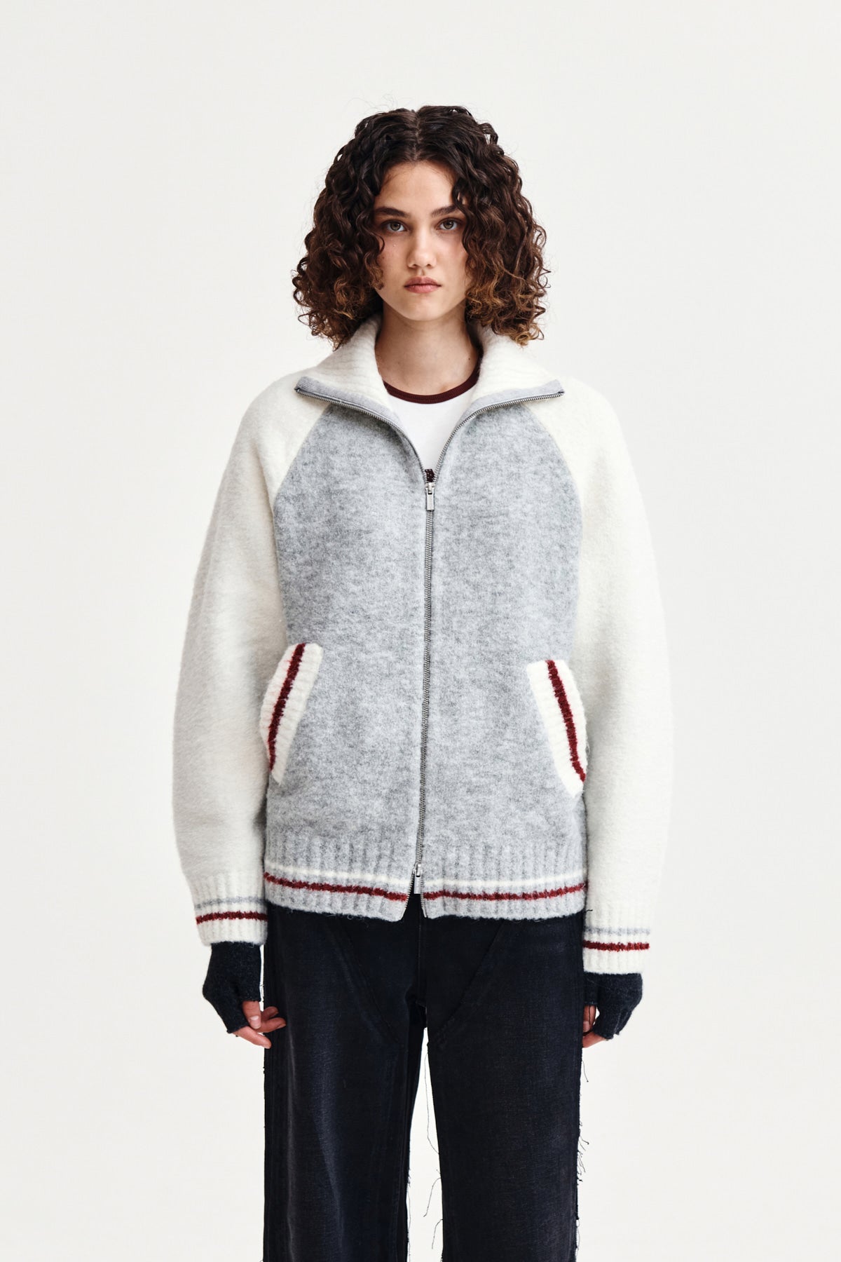 matinkim HIGH NECK RAGLAN KNIT ZIP UP FOR WOMEN IN IVORY