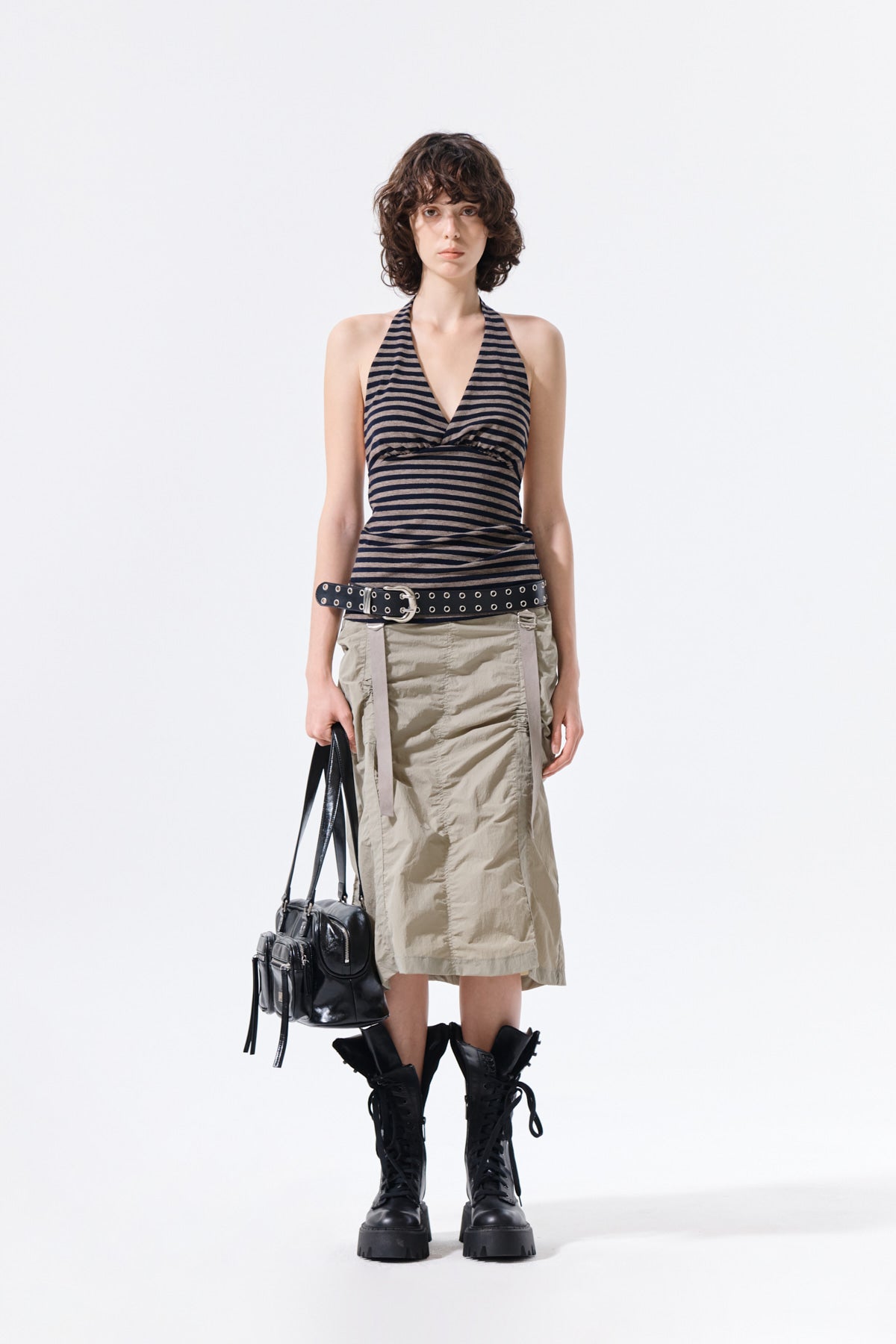 matinkim NYLON SHIRRING MIDI SKIRT IN LIGHT KHAKI