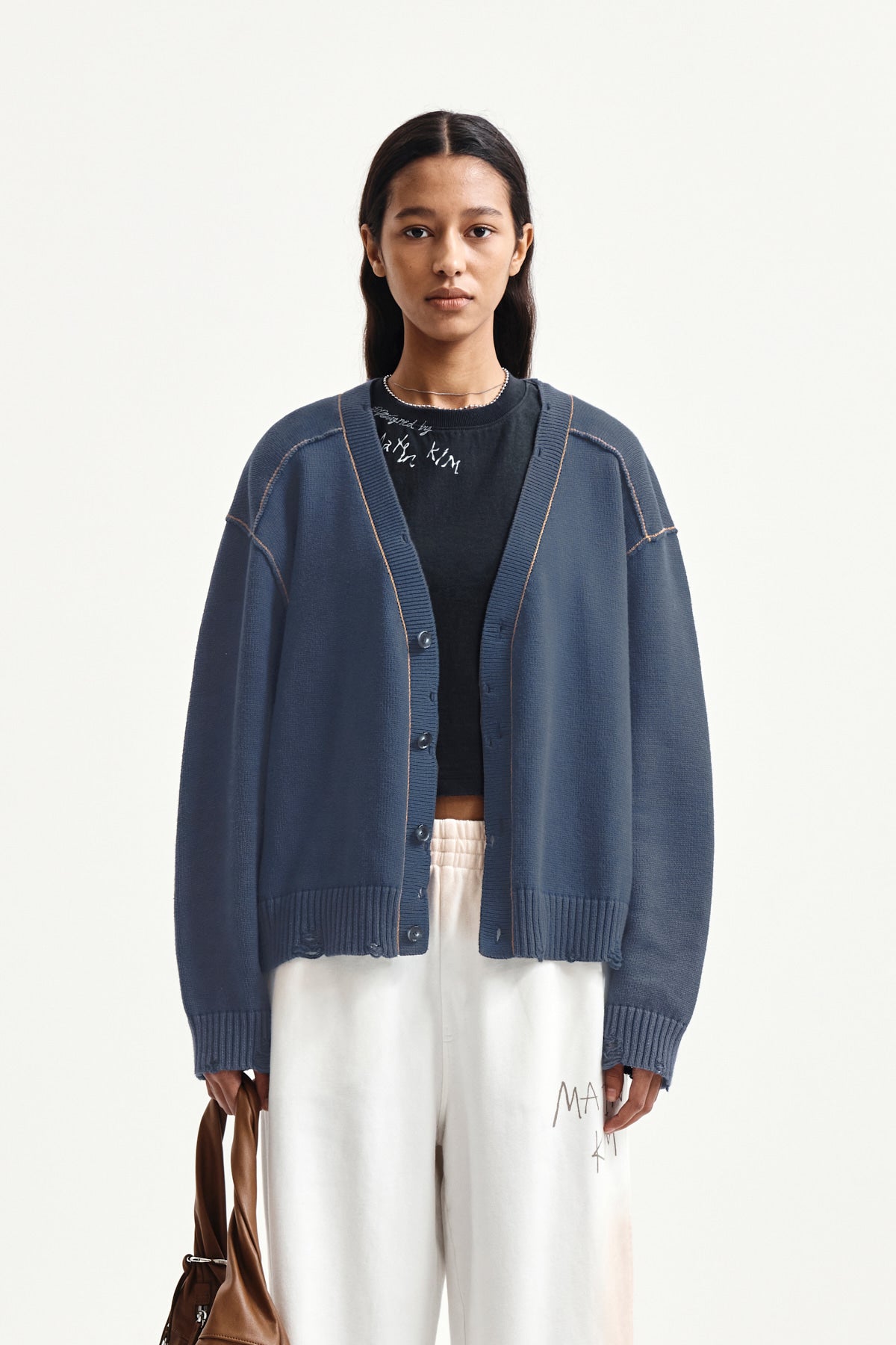 matinkim BACK LOGO LINE POINT KNIT CARDIGAN IN SMOKE BLUE