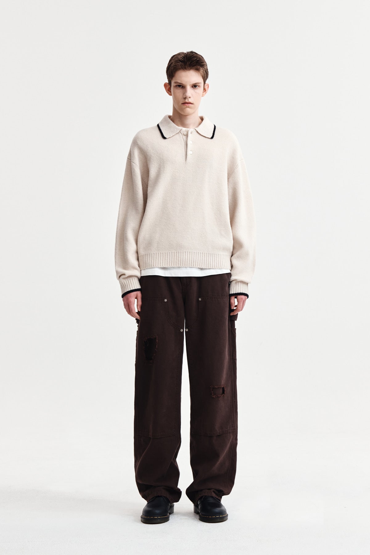 matinkim DISTRESSED DOUBLE KNEE WORK PANTS FOR MEN IN BROWN