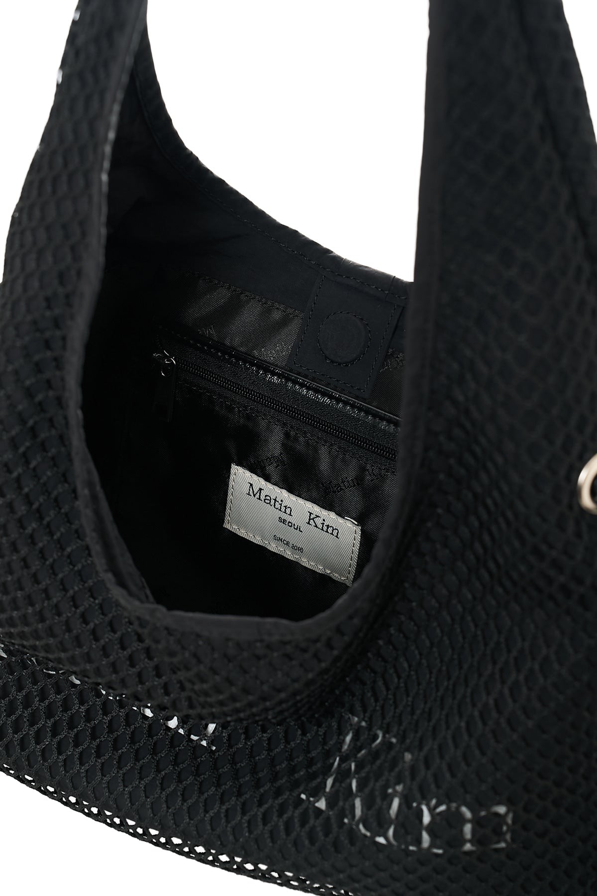 matinkim SIDE STRAP MESH MINI TOTE BAG IN BLACK