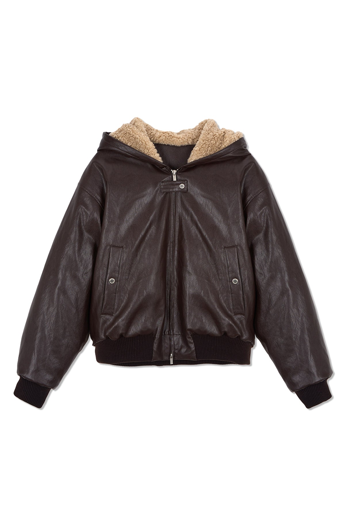 matinkim FAUX LEATHER ZIP UP HOODY IN BROWN