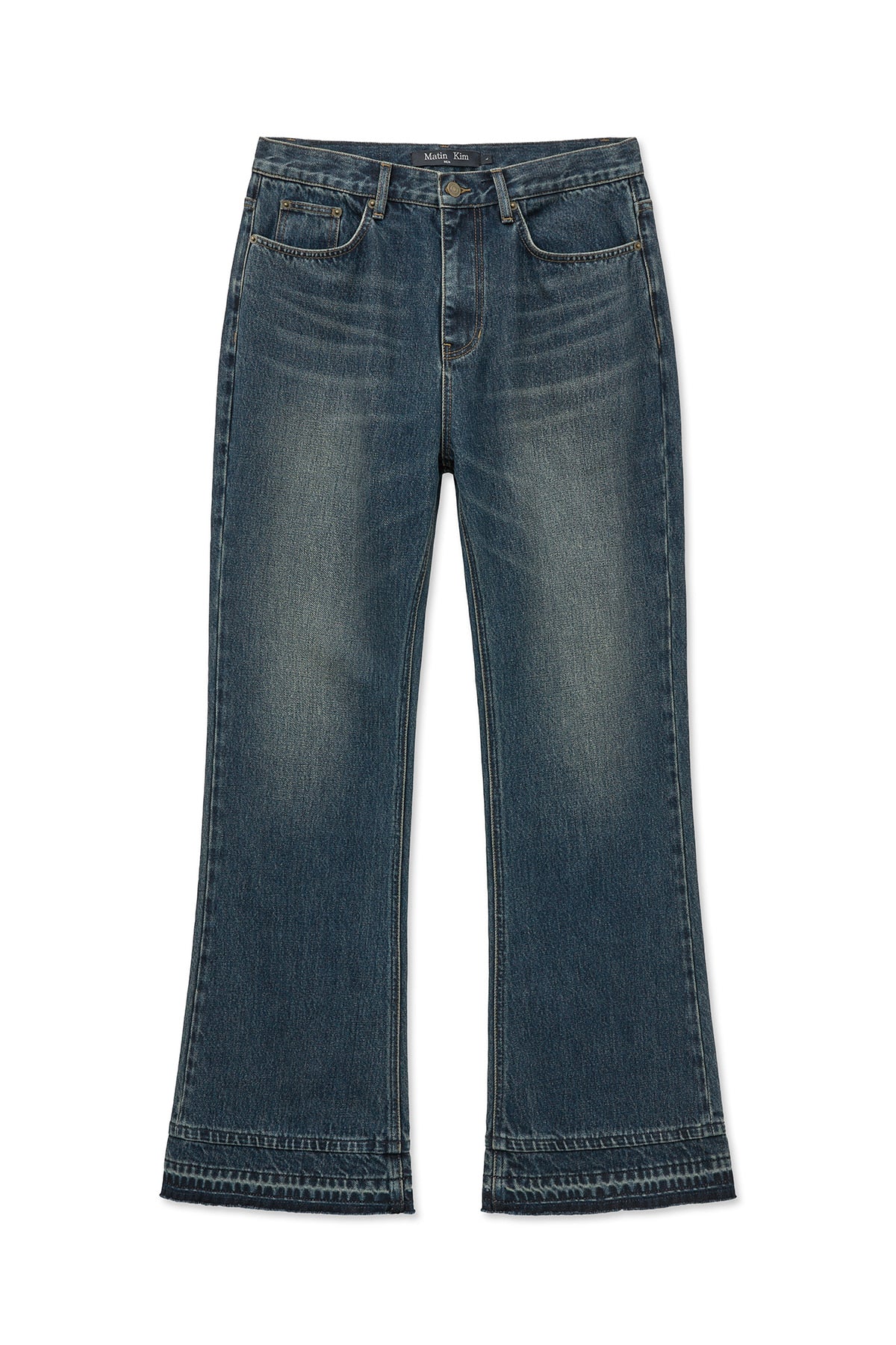 matinkim WASHED FLARE DENIM PANTS FOR MEN IN BLUE