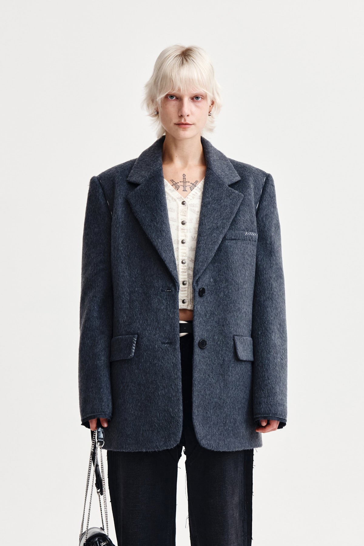 matinkim HAIRY OVERFIT STITCH SINGLE JACKET IN GREY