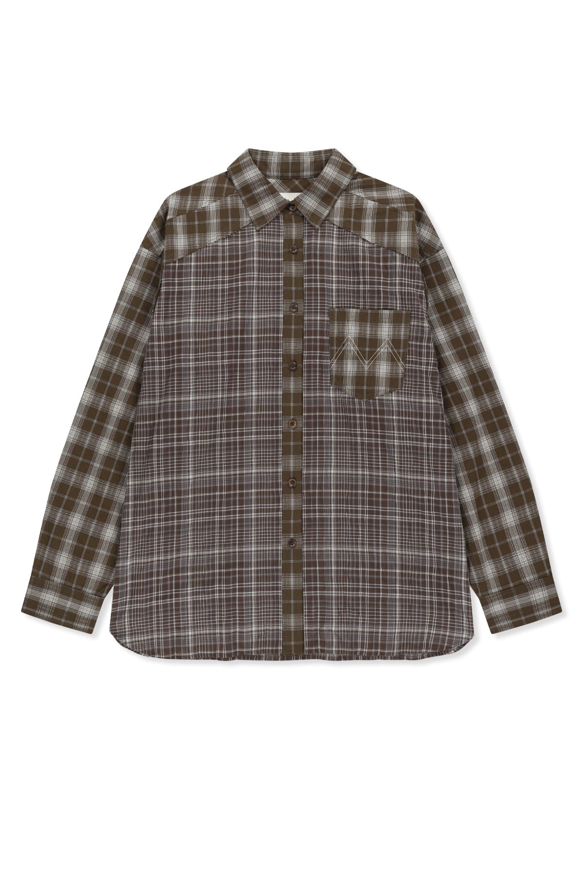 matinkim MIXED CHECK OVER FIT SHIRT IN BROWN