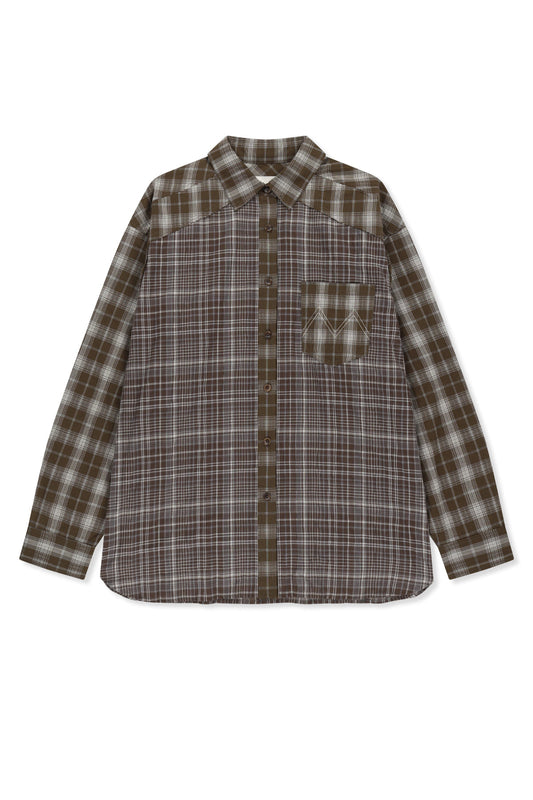 matinkim MIXED CHECK OVER FIT SHIRT IN BROWN