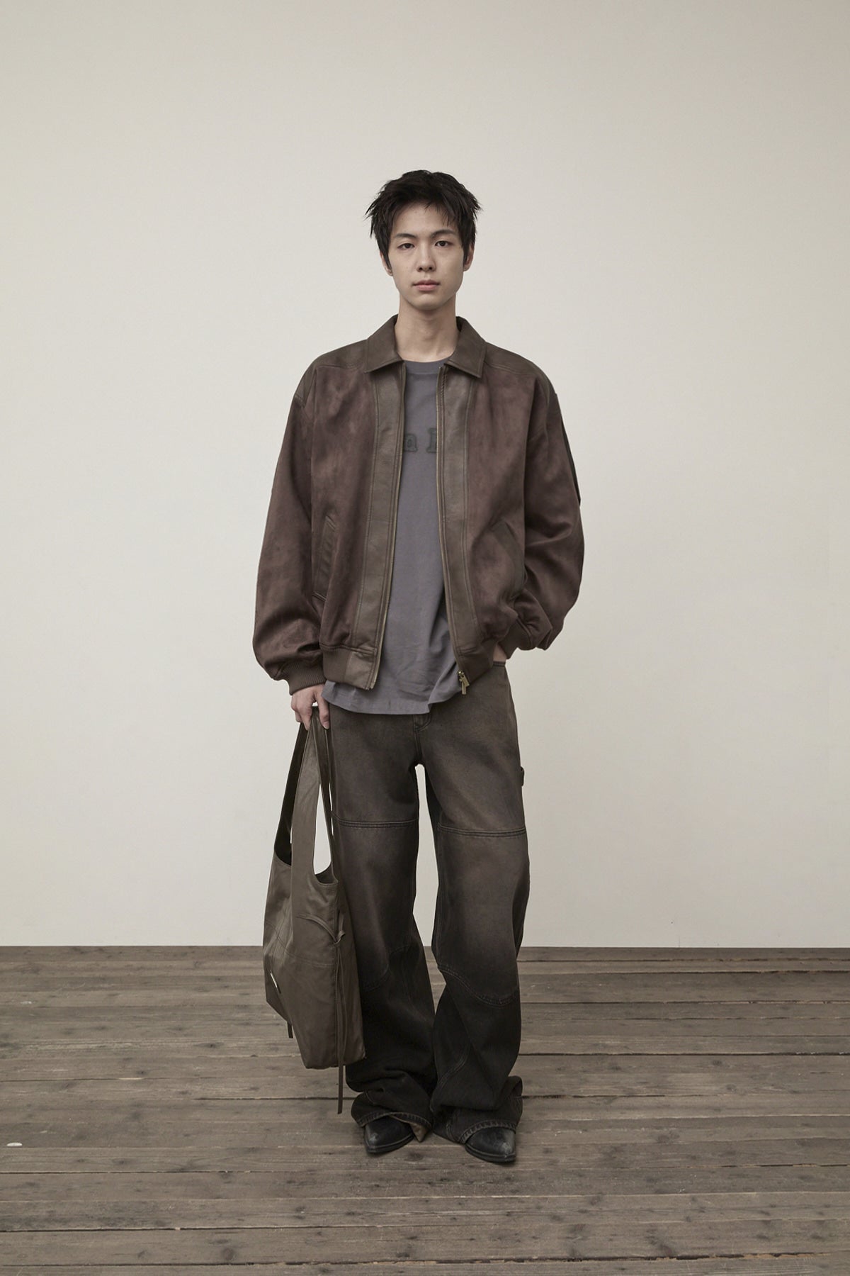 matinkim SUEDE MIX LEATHER ZIP UP JUMPER FOR MEN IN BROWN
