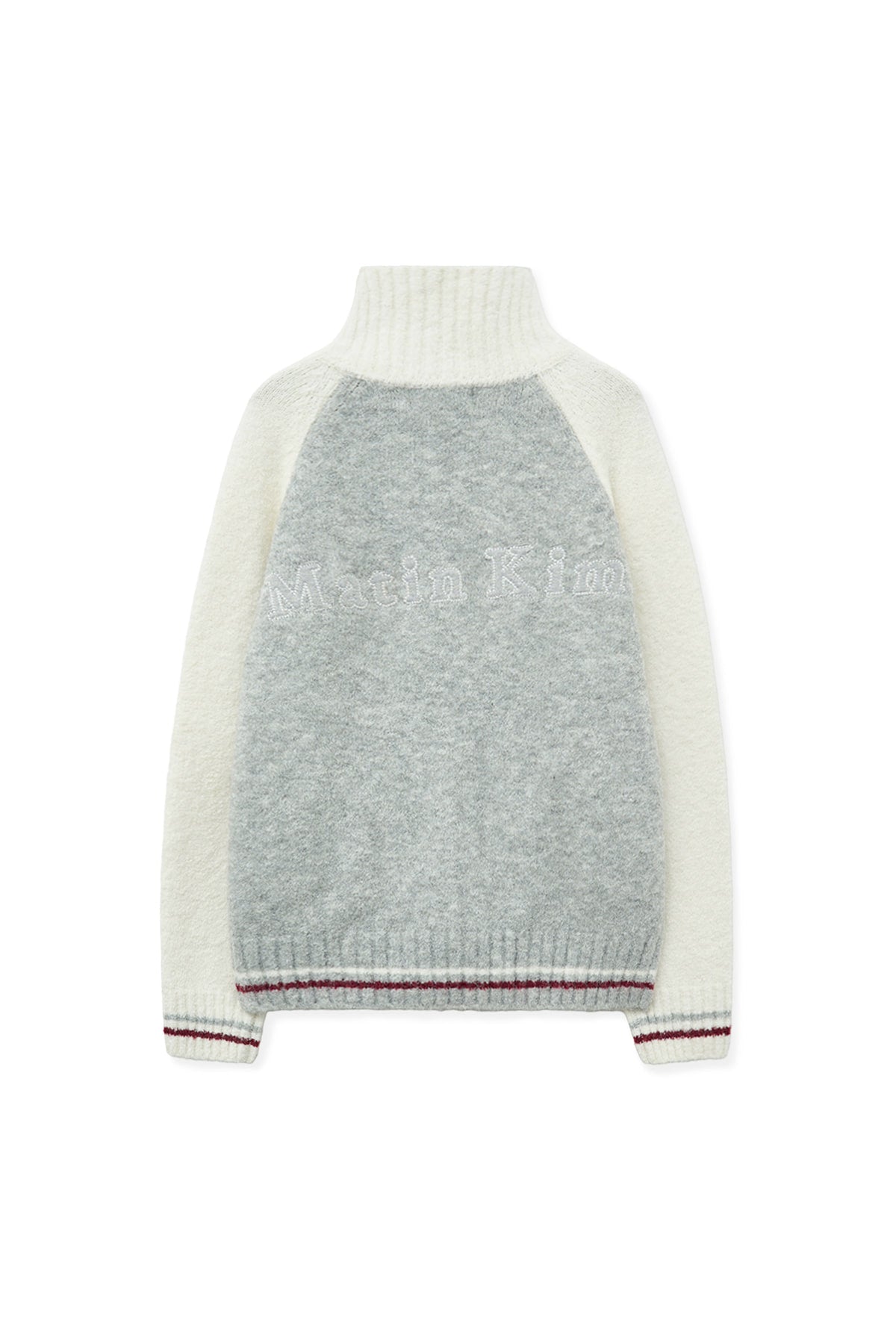matinkim HIGH NECK RAGLAN KNIT ZIP UP FOR MEN IN IVORY