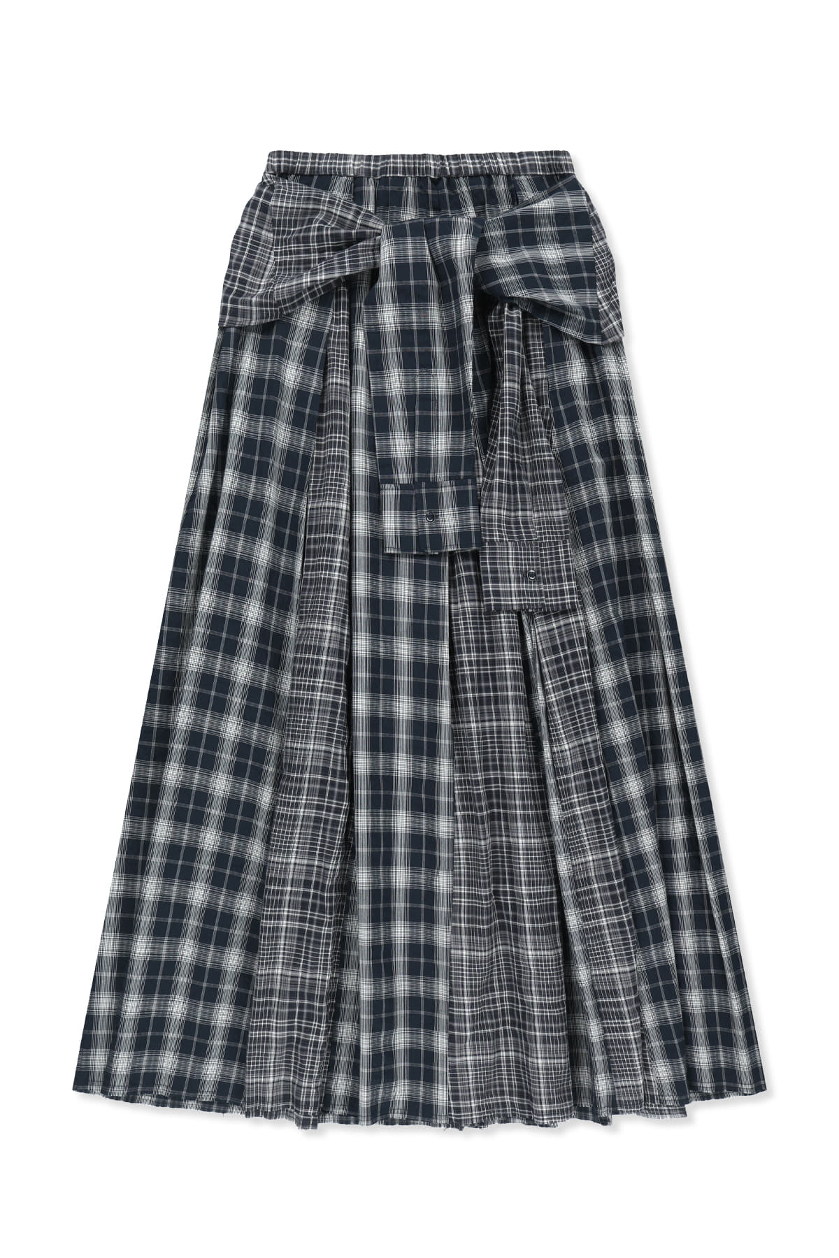 matinkim MIXED CHECK SLEEVE TIE FLARE SKIRT IN NAVY