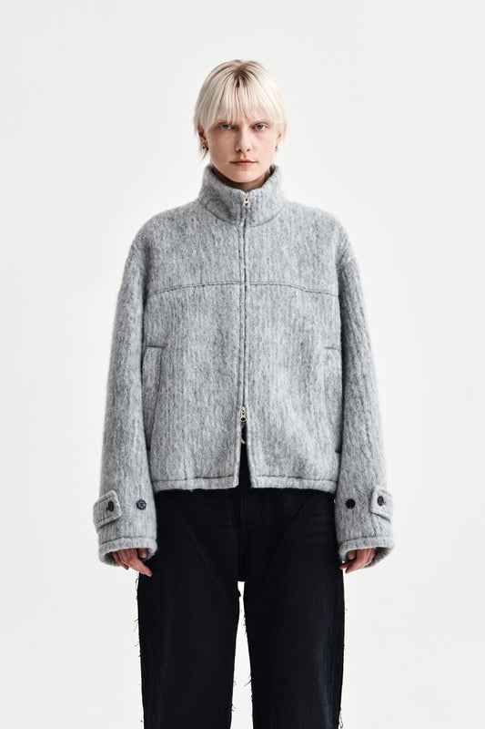 matinkim HAIRY HIGH NECK ZIP UP JUMPER IN LIGHT GREY