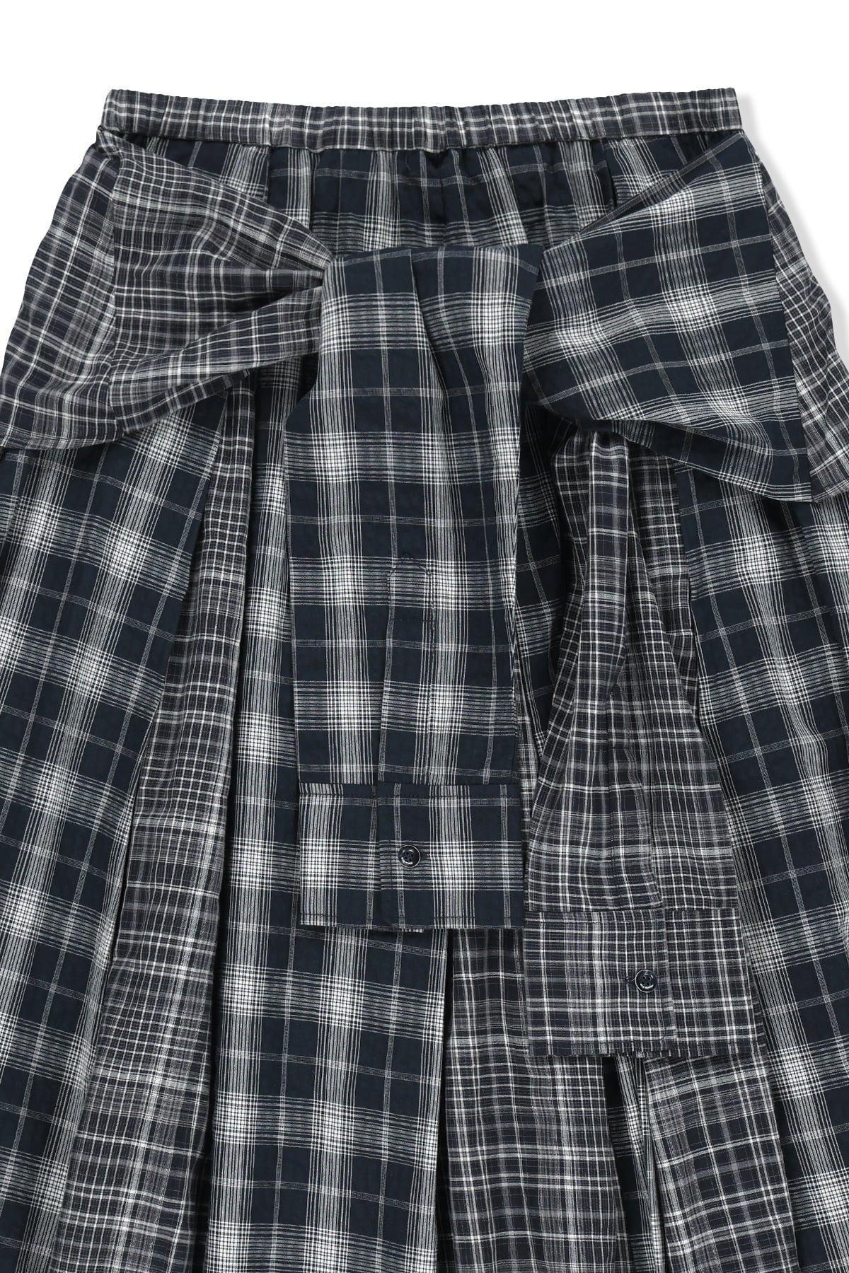 matinkim MIXED CHECK SLEEVE TIE FLARE SKIRT IN NAVY