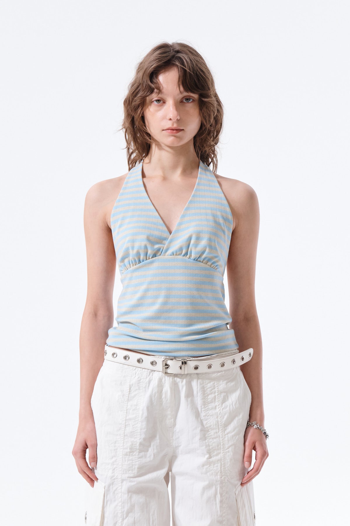 matinkim STRIPED HALTER NECK TOP IN LIGHT BLUE
