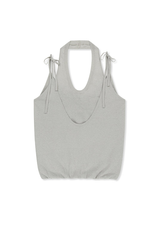 matinkim LAYERED TIE HALTER NECK KNIT TOP IN LIGHT GREY
