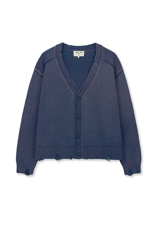 matinkim BACK LOGO LINE POINT KNIT CARDIGAN IN SMOKE BLUE