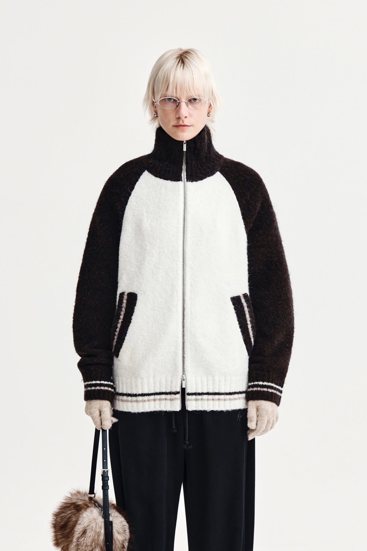 matinkim HIGH NECK RAGLAN KNIT ZIP UP FOR WOMEN IN DARK BROWN
