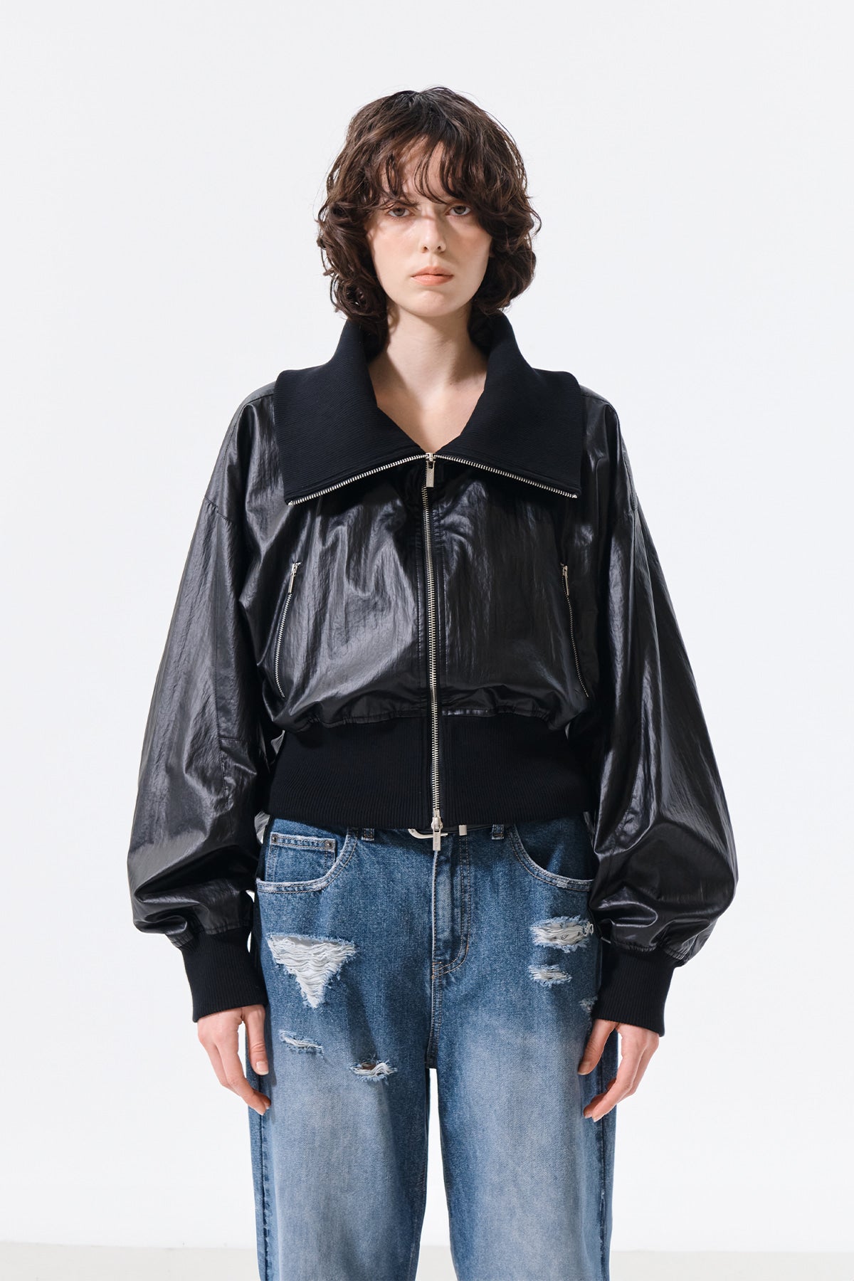 matinkim SHINE CRINKLE ZIP BLOUSON IN BLACK