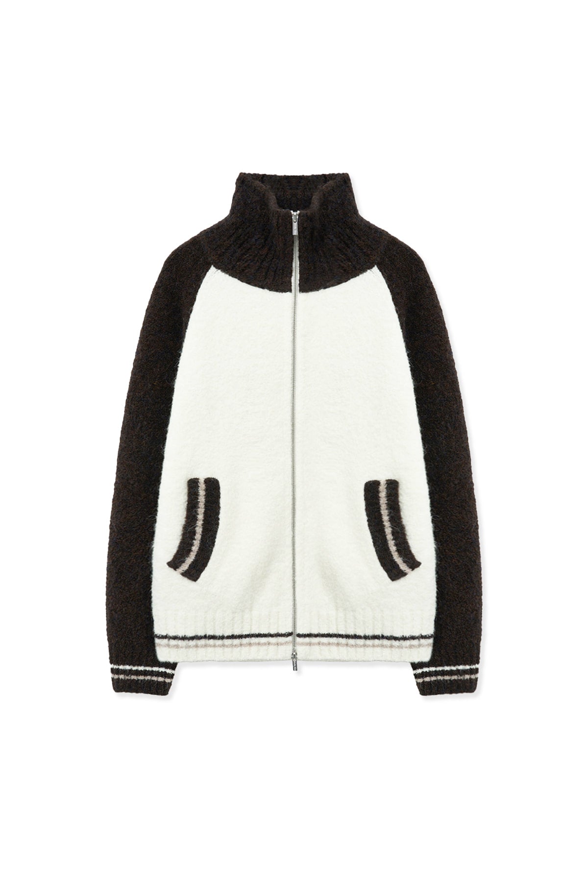 matinkim HIGH NECK RAGLAN KNIT ZIP UP FOR MEN IN DARK BROWN