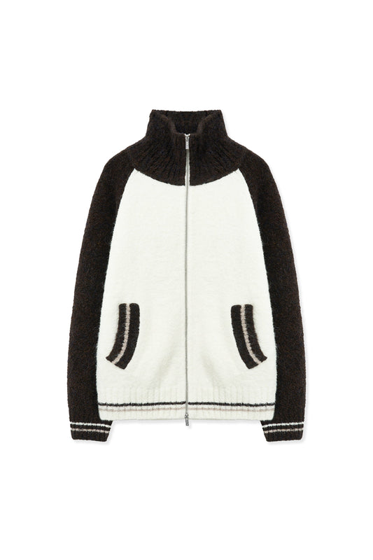matinkim HIGH NECK RAGLAN KNIT ZIP UP FOR MEN IN DARK BROWN