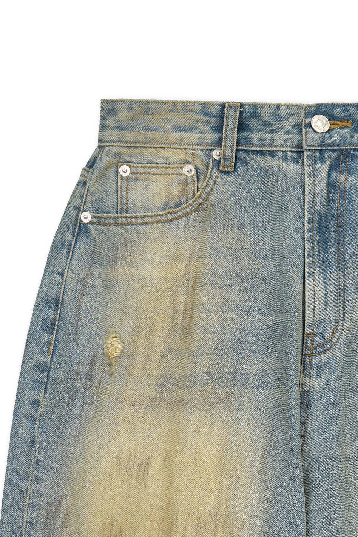 matinkim VINTAGE DIRTY WASHED DENIM PANTS IN LIGHT BLUE