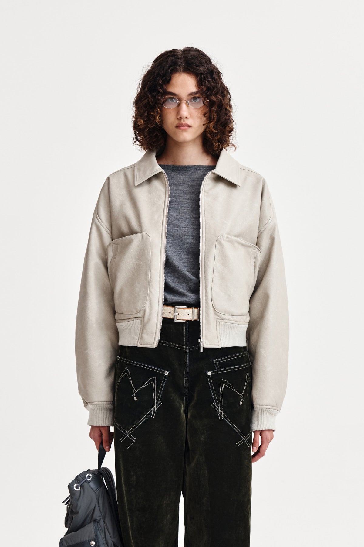 matinkim FAUX LEATHER OUT POCKET JUMPER IN LIGHT GREY